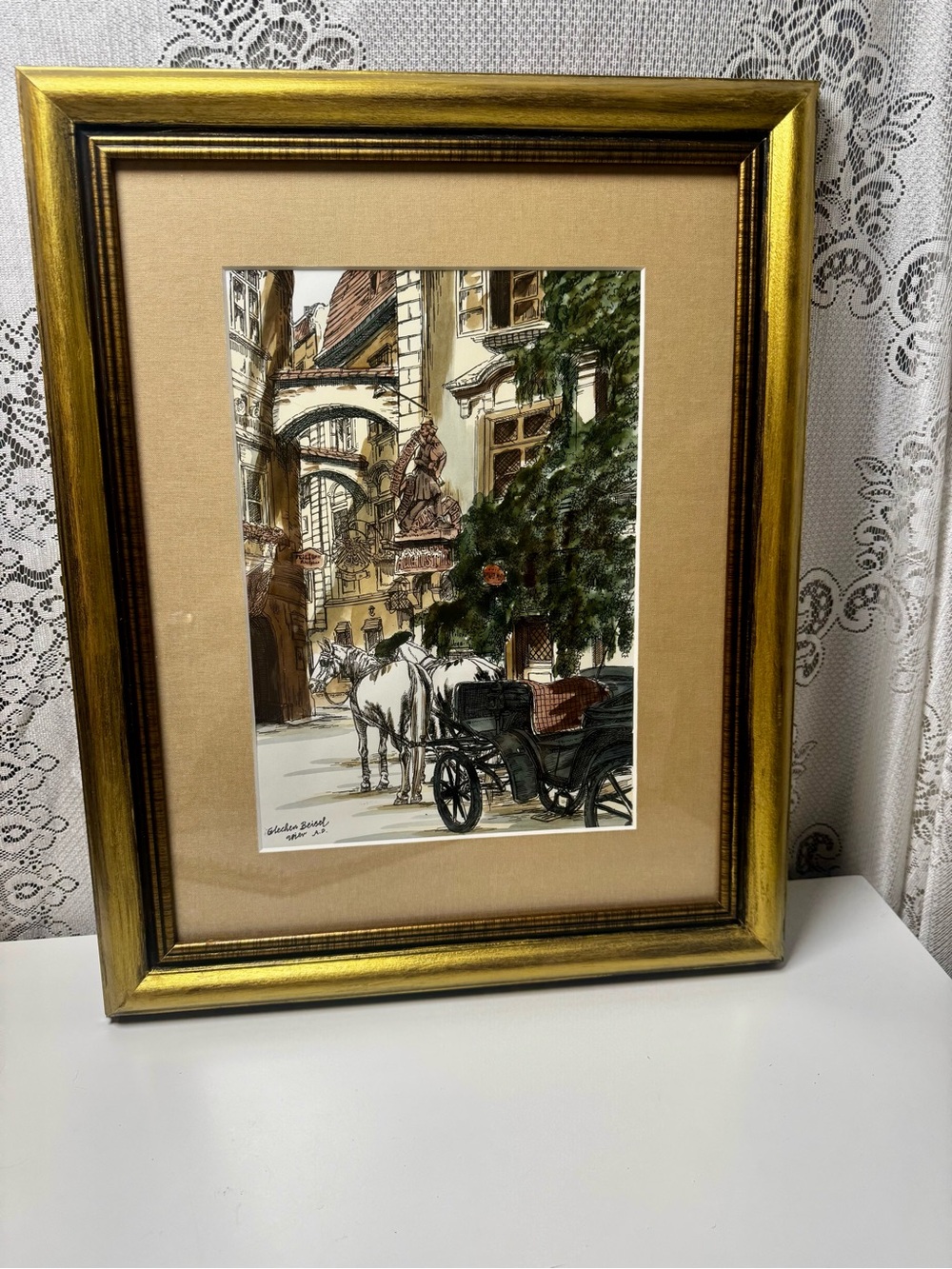 Framed Vintage Wien Grielchenbeise Vienna Austria Hand Colored Art Print- 14x18